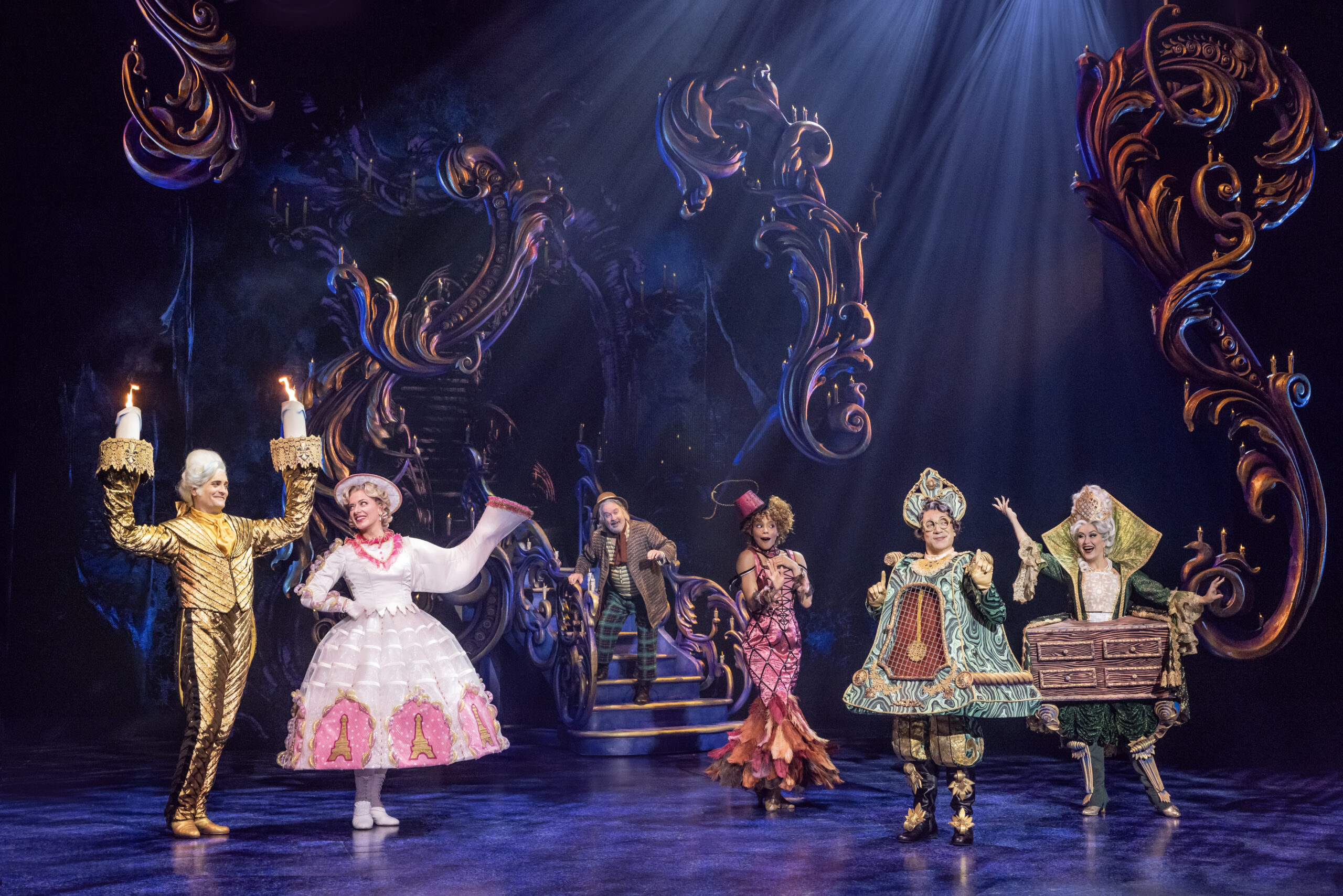 Danny Gardner, Kathy Voytko, Kevin Ligon, Cameron Monroe Thomas, Javier Ignacio, and Holly Ann Butler in Disney’s Beauty and the Beast. Photo by Matthew Murphy. © Disney